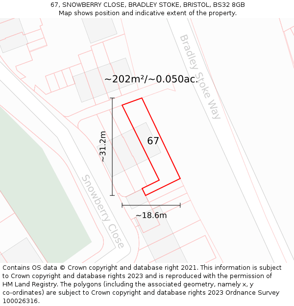 67, SNOWBERRY CLOSE, BRADLEY STOKE, BRISTOL, BS32 8GB: Plot and title map