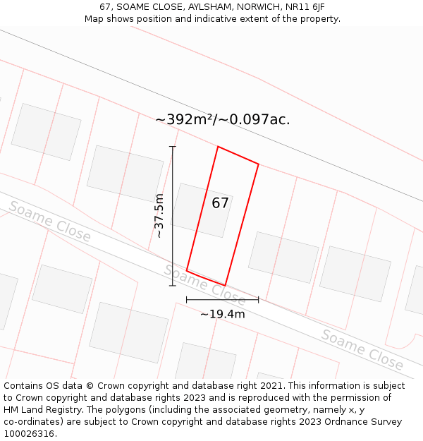 67, SOAME CLOSE, AYLSHAM, NORWICH, NR11 6JF: Plot and title map