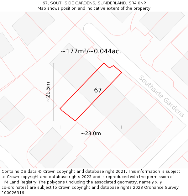 67, SOUTHSIDE GARDENS, SUNDERLAND, SR4 0NP: Plot and title map