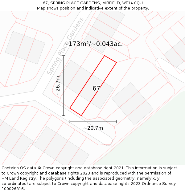 67, SPRING PLACE GARDENS, MIRFIELD, WF14 0QU: Plot and title map