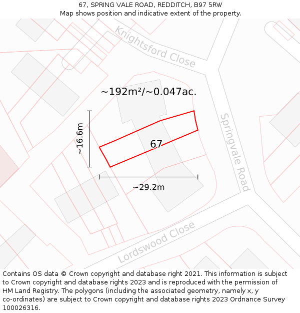 67, SPRING VALE ROAD, REDDITCH, B97 5RW: Plot and title map