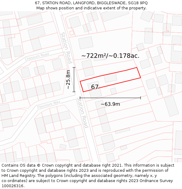 67, STATION ROAD, LANGFORD, BIGGLESWADE, SG18 9PQ: Plot and title map