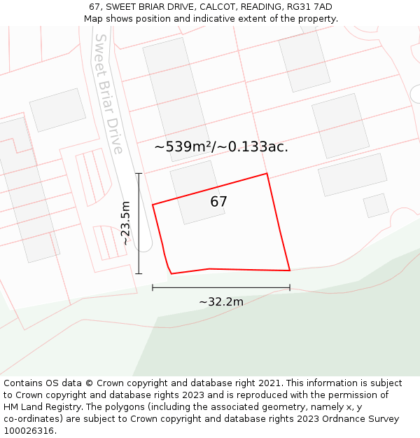 67, SWEET BRIAR DRIVE, CALCOT, READING, RG31 7AD: Plot and title map