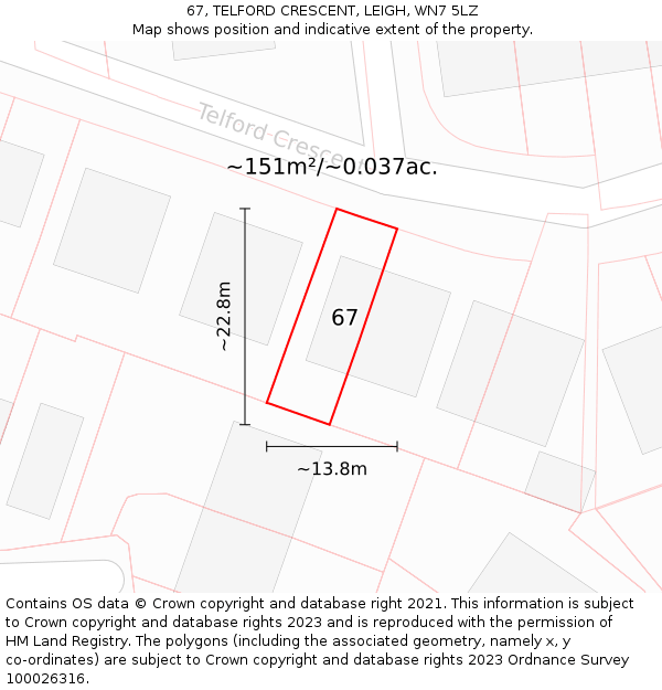 67, TELFORD CRESCENT, LEIGH, WN7 5LZ: Plot and title map
