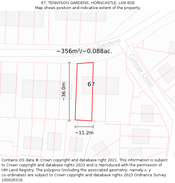 67, TENNYSON GARDENS, HORNCASTLE, LN9 6DE: Plot and title map