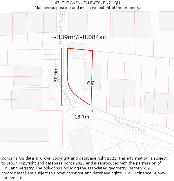 67, THE AVENUE, LEWES, BN7 1QU: Plot and title map
