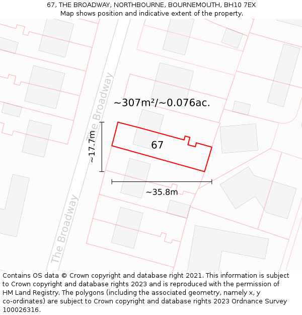 67, THE BROADWAY, NORTHBOURNE, BOURNEMOUTH, BH10 7EX: Plot and title map