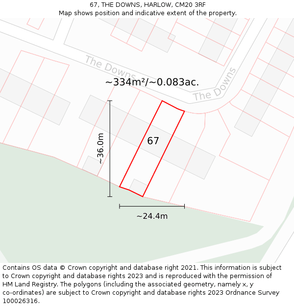 67, THE DOWNS, HARLOW, CM20 3RF: Plot and title map