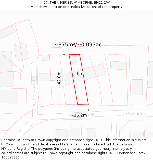 67, THE VINERIES, WIMBORNE, BH21 2PY: Plot and title map