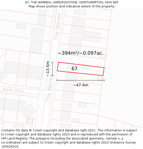 67, THE WARREN, HARDINGSTONE, NORTHAMPTON, NN4 6EP: Plot and title map