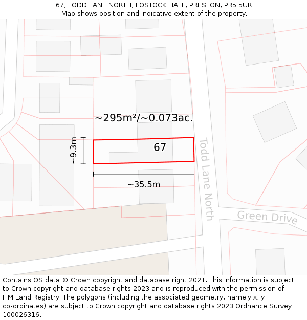 67, TODD LANE NORTH, LOSTOCK HALL, PRESTON, PR5 5UR: Plot and title map