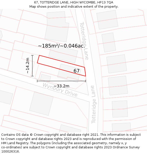67, TOTTERIDGE LANE, HIGH WYCOMBE, HP13 7QA: Plot and title map