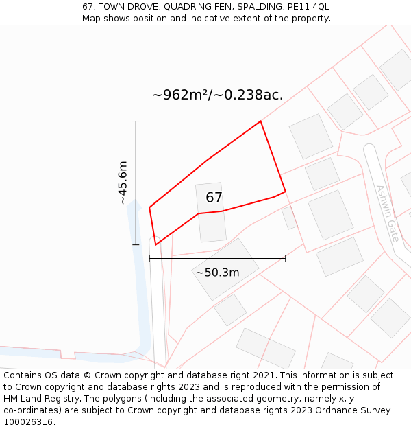 67, TOWN DROVE, QUADRING FEN, SPALDING, PE11 4QL: Plot and title map