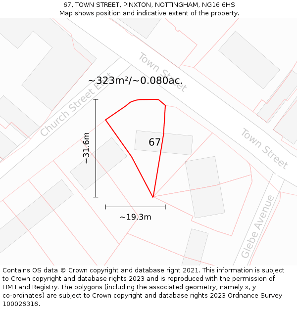 67, TOWN STREET, PINXTON, NOTTINGHAM, NG16 6HS: Plot and title map
