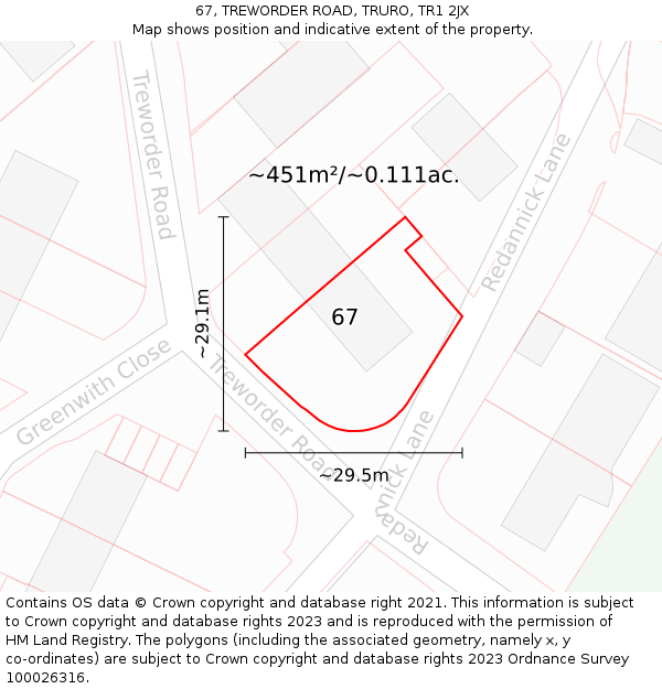 67, TREWORDER ROAD, TRURO, TR1 2JX: Plot and title map