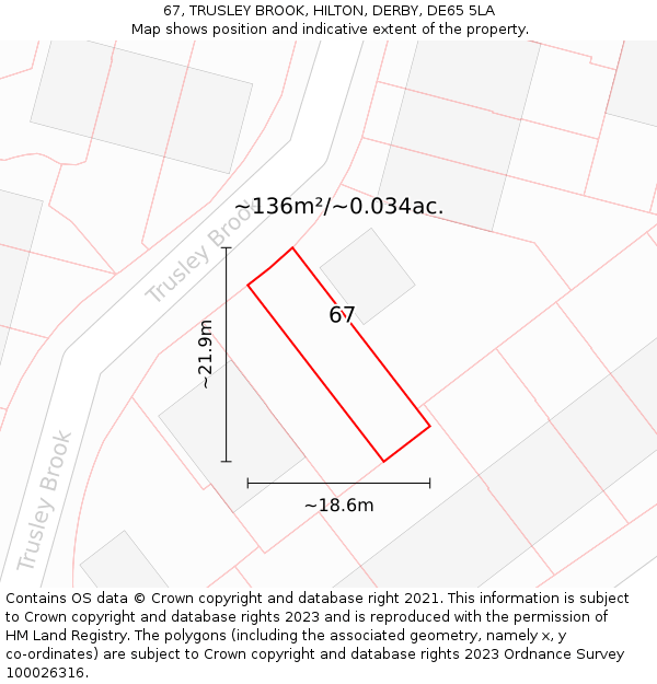 67, TRUSLEY BROOK, HILTON, DERBY, DE65 5LA: Plot and title map