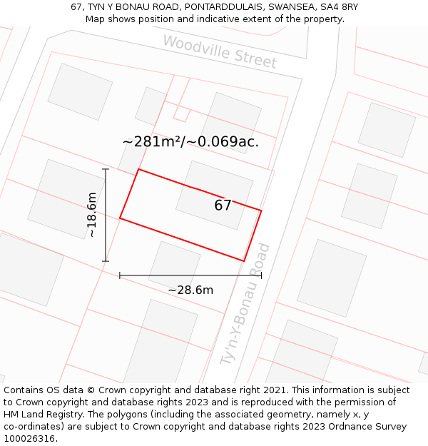 67, TYN Y BONAU ROAD, PONTARDDULAIS, SWANSEA, SA4 8RY: Plot and title map
