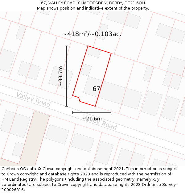 67, VALLEY ROAD, CHADDESDEN, DERBY, DE21 6QU: Plot and title map