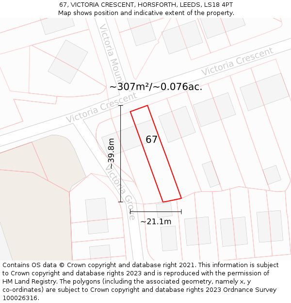 67, VICTORIA CRESCENT, HORSFORTH, LEEDS, LS18 4PT: Plot and title map