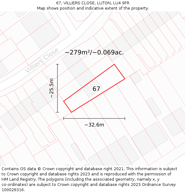 67, VILLIERS CLOSE, LUTON, LU4 9FR: Plot and title map