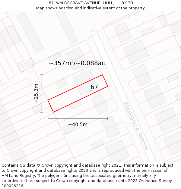 67, WALDEGRAVE AVENUE, HULL, HU8 9BB: Plot and title map