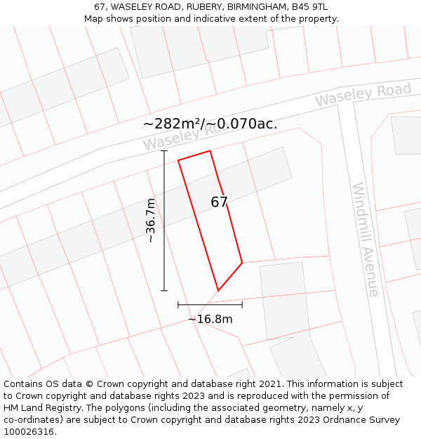 67, WASELEY ROAD, RUBERY, BIRMINGHAM, B45 9TL: Plot and title map
