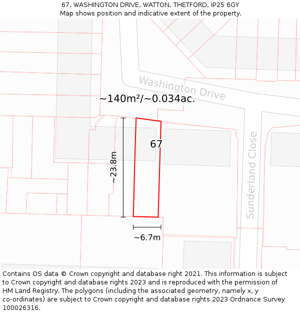 67, WASHINGTON DRIVE, WATTON, THETFORD, IP25 6GY: Plot and title map