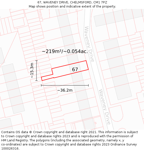 67, WAVENEY DRIVE, CHELMSFORD, CM1 7PZ: Plot and title map