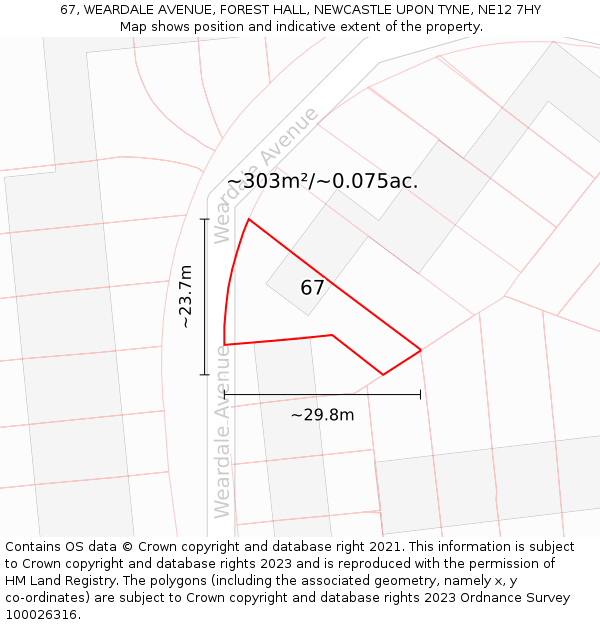 67, WEARDALE AVENUE, FOREST HALL, NEWCASTLE UPON TYNE, NE12 7HY: Plot and title map