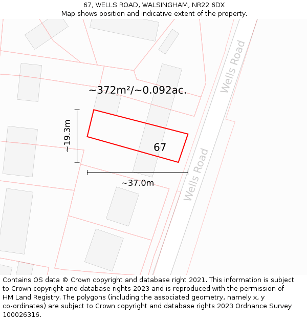 67, WELLS ROAD, WALSINGHAM, NR22 6DX: Plot and title map