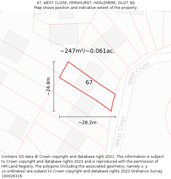 67, WEST CLOSE, FERNHURST, HASLEMERE, GU27 3JS: Plot and title map