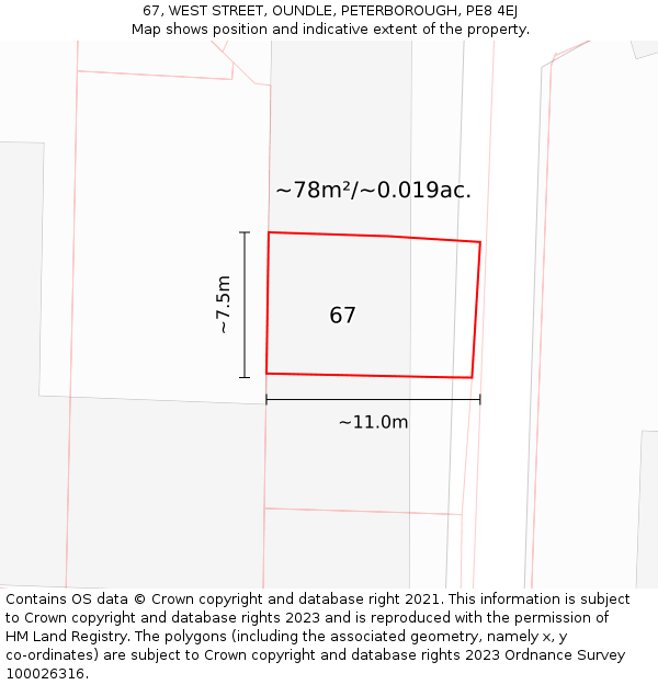 67, WEST STREET, OUNDLE, PETERBOROUGH, PE8 4EJ: Plot and title map