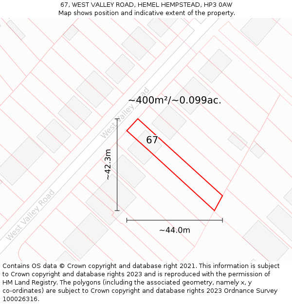 67, WEST VALLEY ROAD, HEMEL HEMPSTEAD, HP3 0AW: Plot and title map