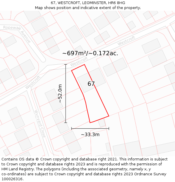 67, WESTCROFT, LEOMINSTER, HR6 8HG: Plot and title map