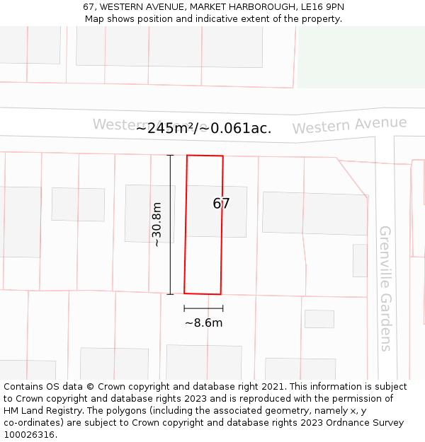 67, WESTERN AVENUE, MARKET HARBOROUGH, LE16 9PN: Plot and title map