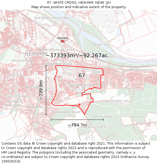 67, WHITE CROSS, HEXHAM, NE46 1JH: Plot and title map