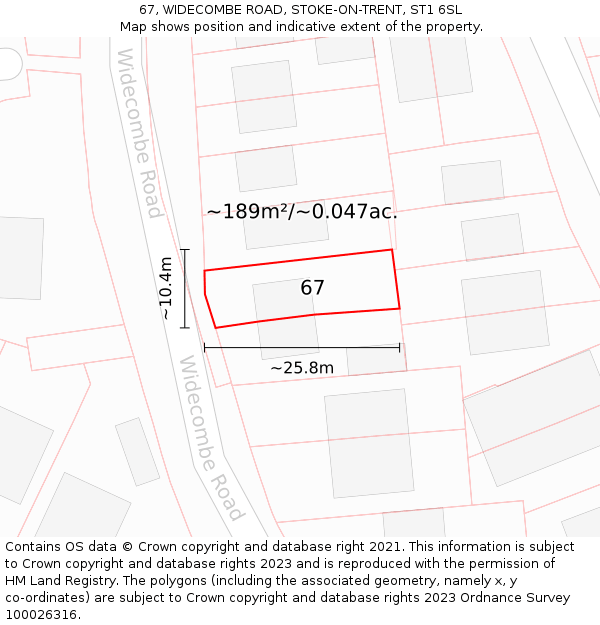 67, WIDECOMBE ROAD, STOKE-ON-TRENT, ST1 6SL: Plot and title map