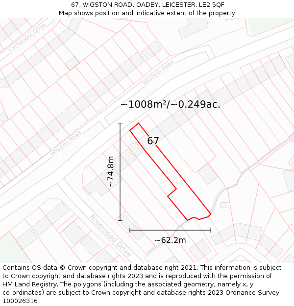 67, WIGSTON ROAD, OADBY, LEICESTER, LE2 5QF: Plot and title map