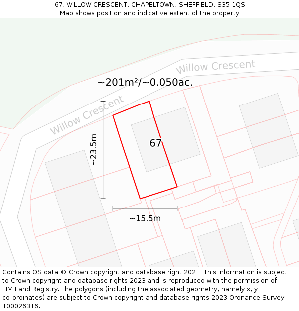 67, WILLOW CRESCENT, CHAPELTOWN, SHEFFIELD, S35 1QS: Plot and title map