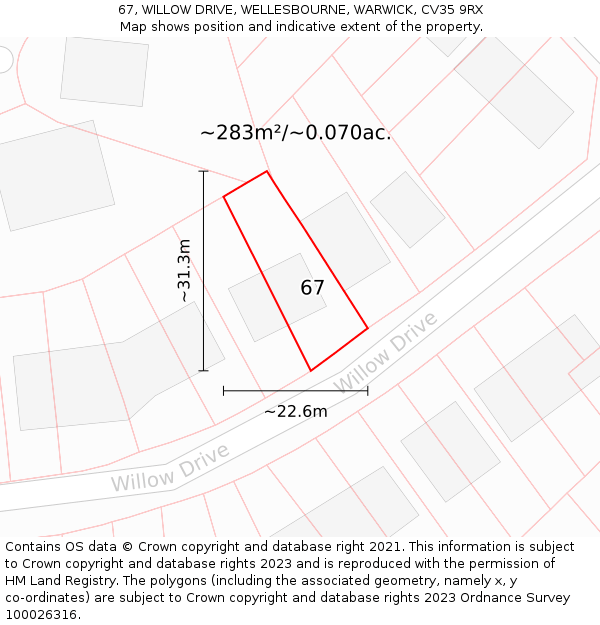 67, WILLOW DRIVE, WELLESBOURNE, WARWICK, CV35 9RX: Plot and title map