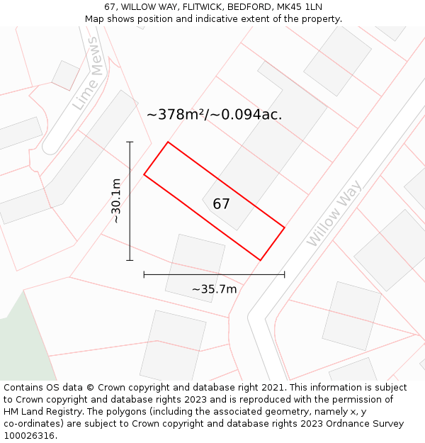 67, WILLOW WAY, FLITWICK, BEDFORD, MK45 1LN: Plot and title map