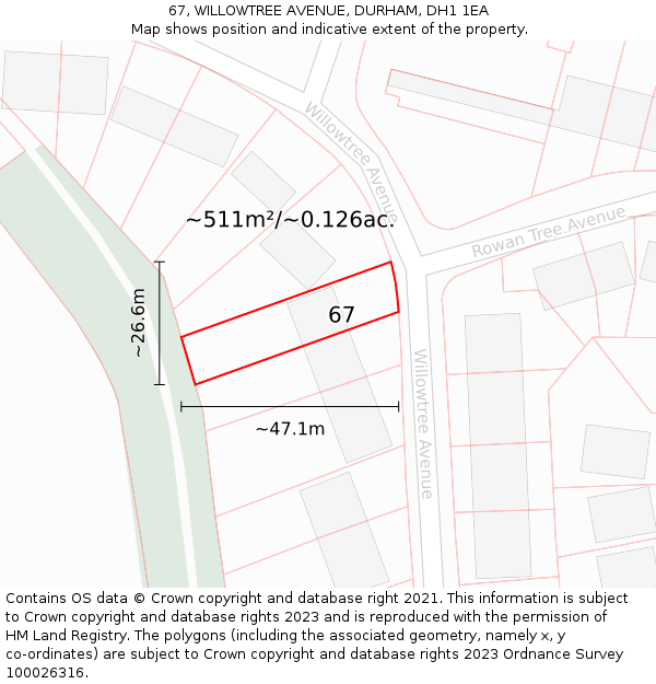 67, WILLOWTREE AVENUE, DURHAM, DH1 1EA: Plot and title map