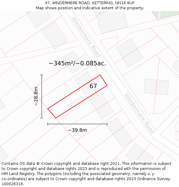 67, WINDERMERE ROAD, KETTERING, NN16 8UF: Plot and title map