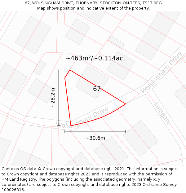 67, WOLSINGHAM DRIVE, THORNABY, STOCKTON-ON-TEES, TS17 9EG: Plot and title map