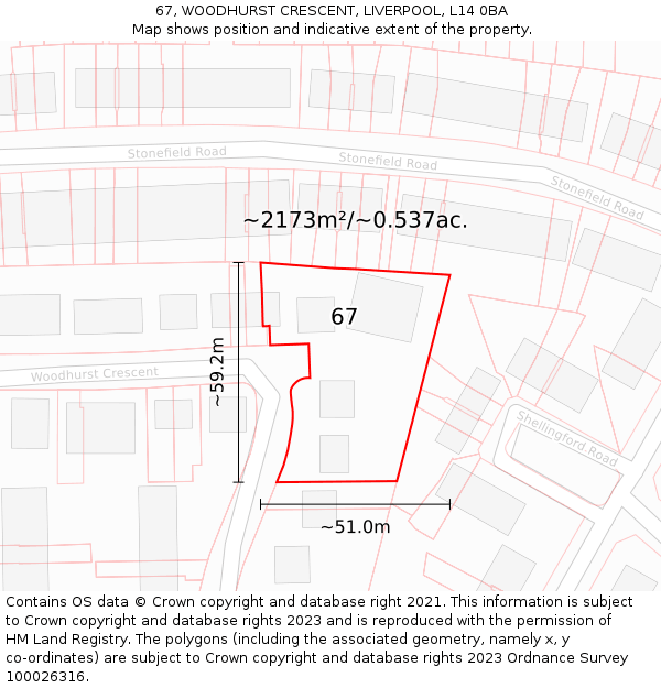 67, WOODHURST CRESCENT, LIVERPOOL, L14 0BA: Plot and title map