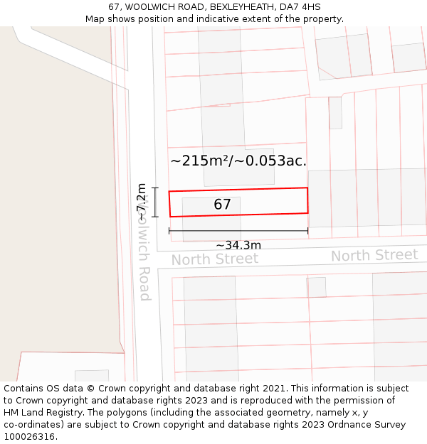 67, WOOLWICH ROAD, BEXLEYHEATH, DA7 4HS: Plot and title map