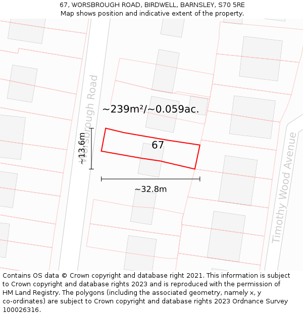 67, WORSBROUGH ROAD, BIRDWELL, BARNSLEY, S70 5RE: Plot and title map