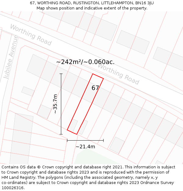 67, WORTHING ROAD, RUSTINGTON, LITTLEHAMPTON, BN16 3JU: Plot and title map