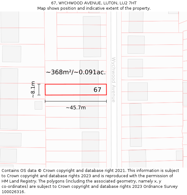67, WYCHWOOD AVENUE, LUTON, LU2 7HT: Plot and title map