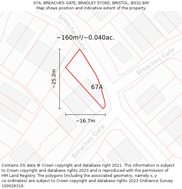 67A, BREACHES GATE, BRADLEY STOKE, BRISTOL, BS32 8AY: Plot and title map